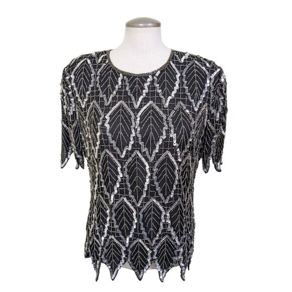 Laurence Kazar Vintage Silk Blouse Womens L Black Silver Sequin Holidays Event - Picture 2 of 7